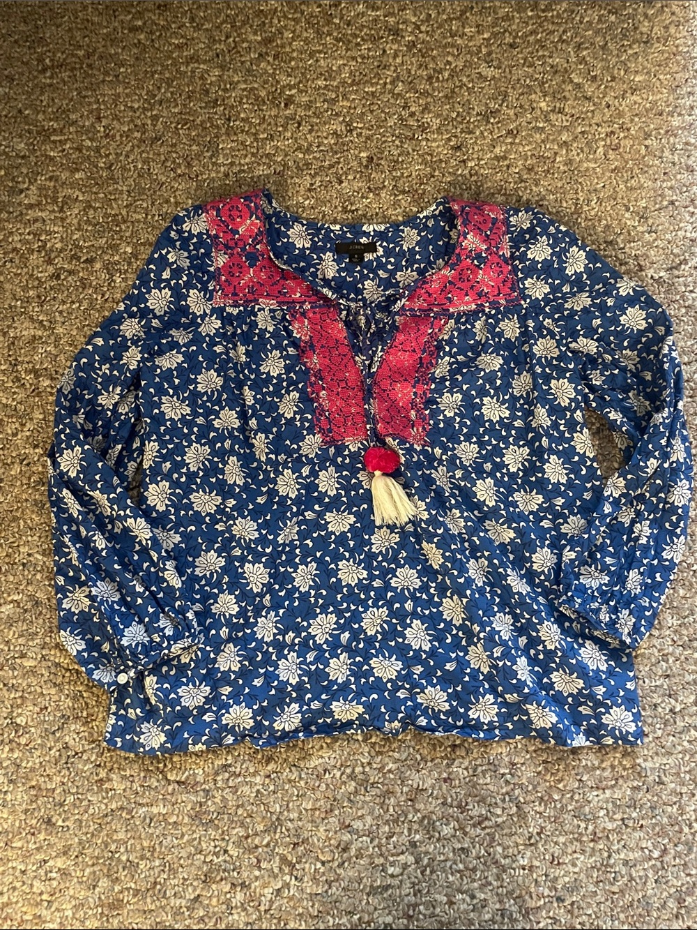 J. Crew Blue Floral Tunic with Pink Embroidered Yoke